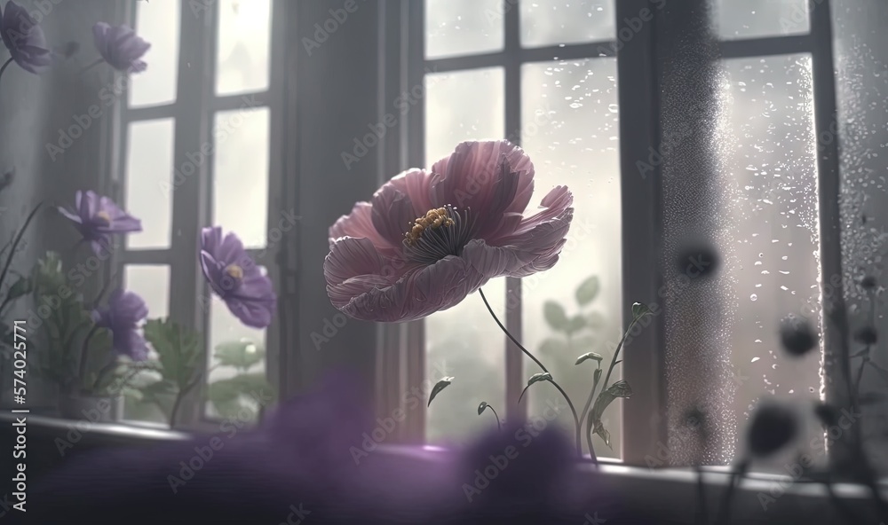  a pink flower sitting on top of a window sill.  generative ai