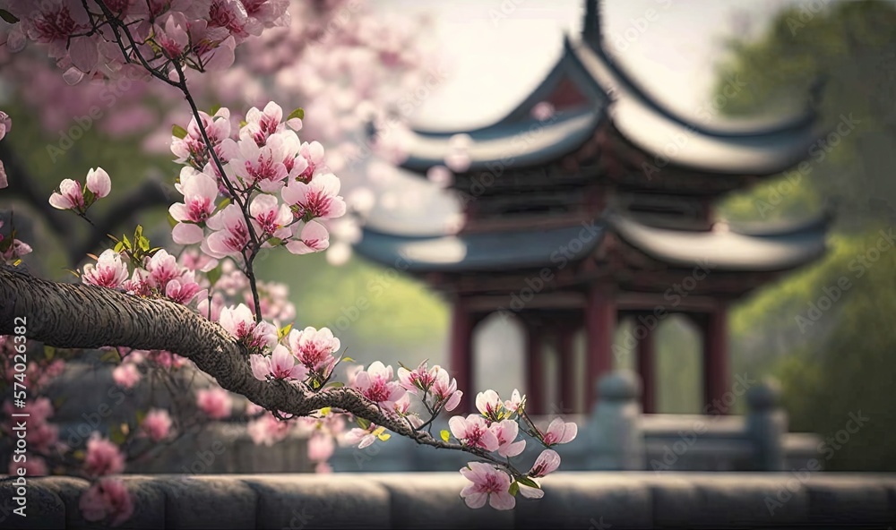  a pagoda and a tree with pink flowers in the foreground.  generative ai