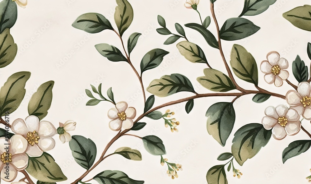  a painting of flowers and leaves on a white wallpaper.  generative ai