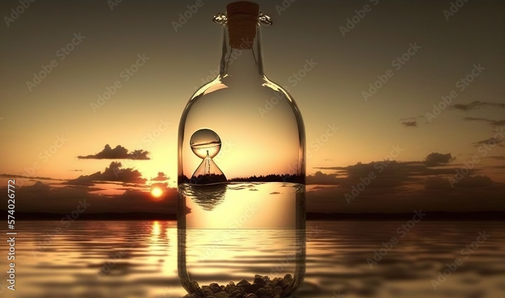  a bottle filled with sand sitting on top of a body of water.  generative ai