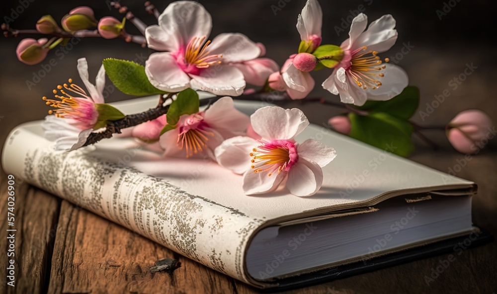  a book with flowers on top of it on a table.  generative ai