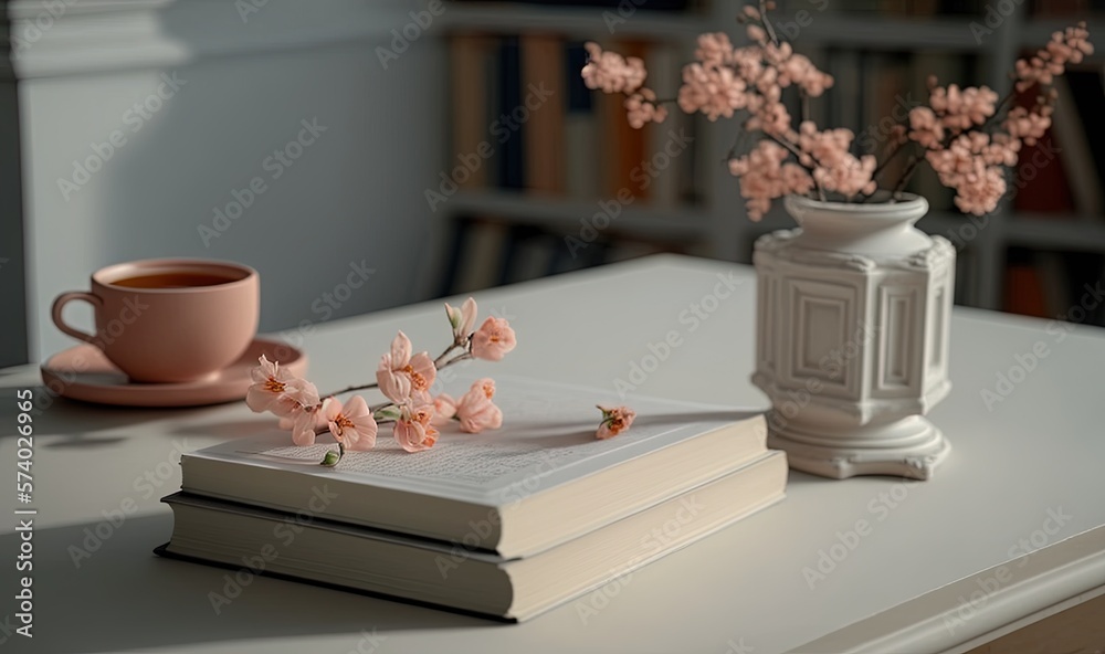  a cup of coffee and a book on a table with a vase of flowers.  generative ai