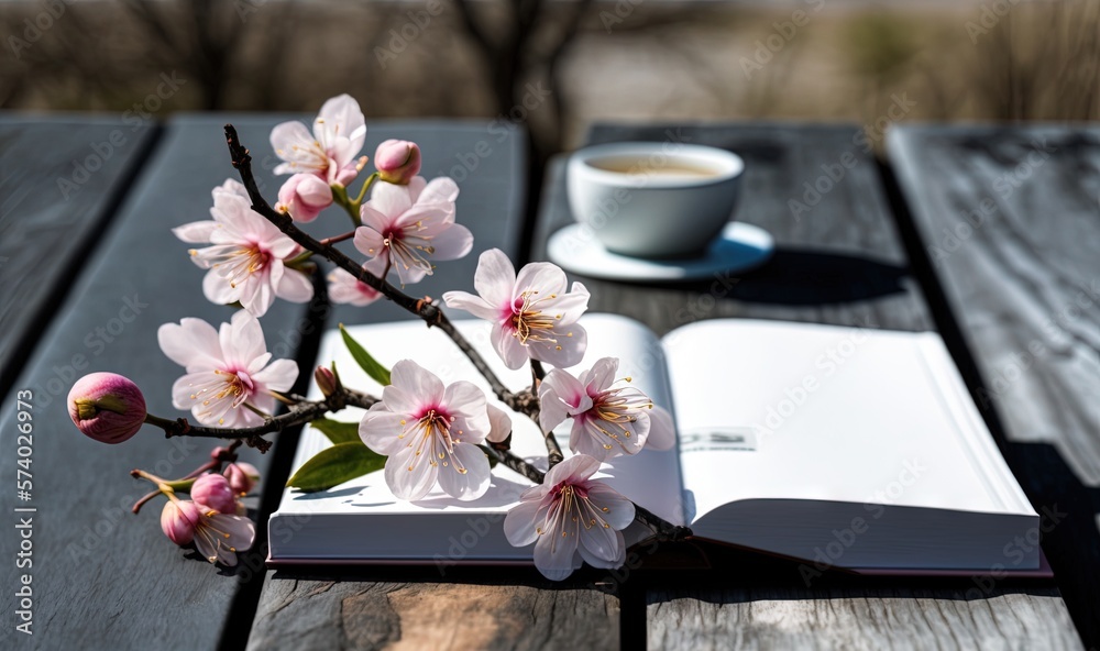  a book and a cup of coffee sit on a wooden table.  generative ai