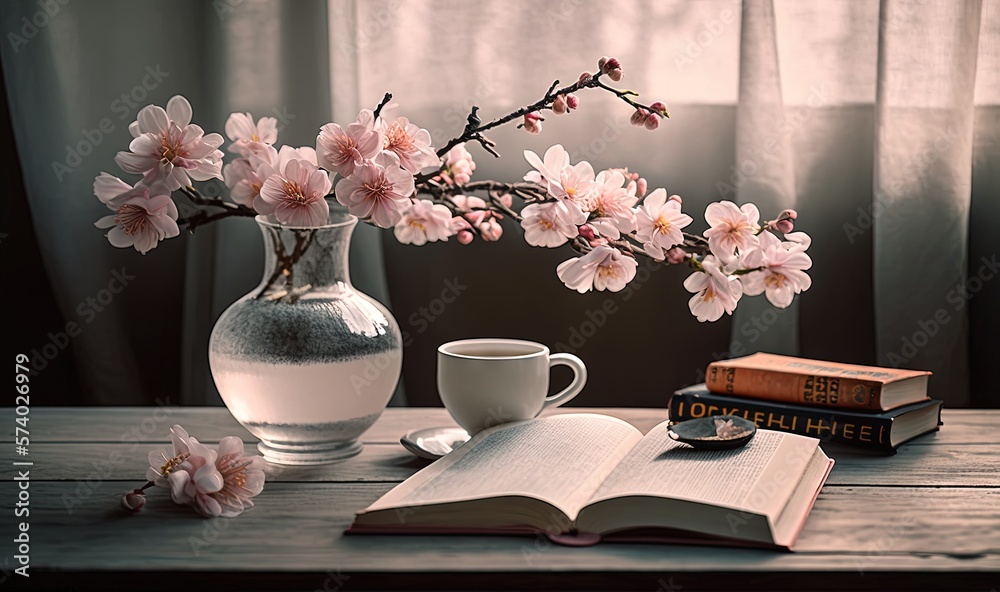  a table with a vase of flowers and a book on it.  generative ai