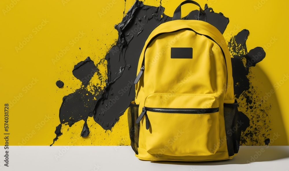  a yellow backpack sitting against a yellow and black wall with paint splattered on it.  generative 