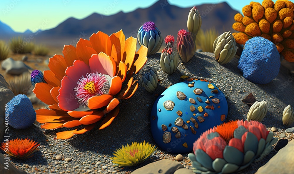  a bunch of flowers that are sitting on a rock in the dirt near some rocks and a mountain in the bac