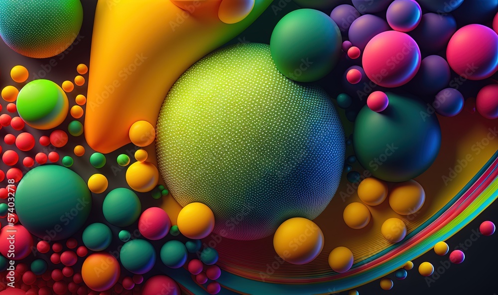  an abstract painting of colorful balls and bubbles on a black background with a black background an