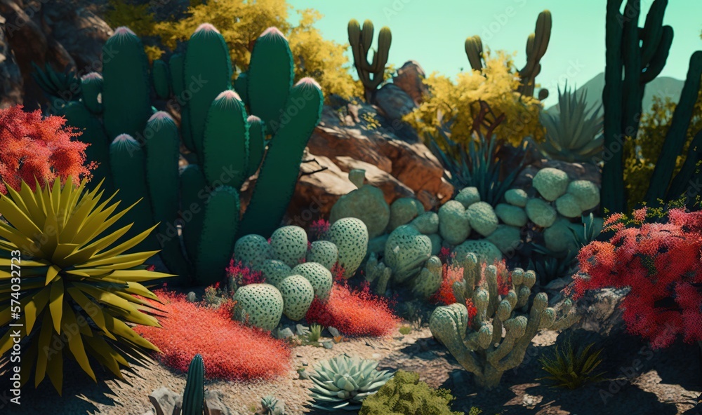  a bunch of cactus plants that are in the dirt near rocks and bushes on a sunny day with a blue sky 