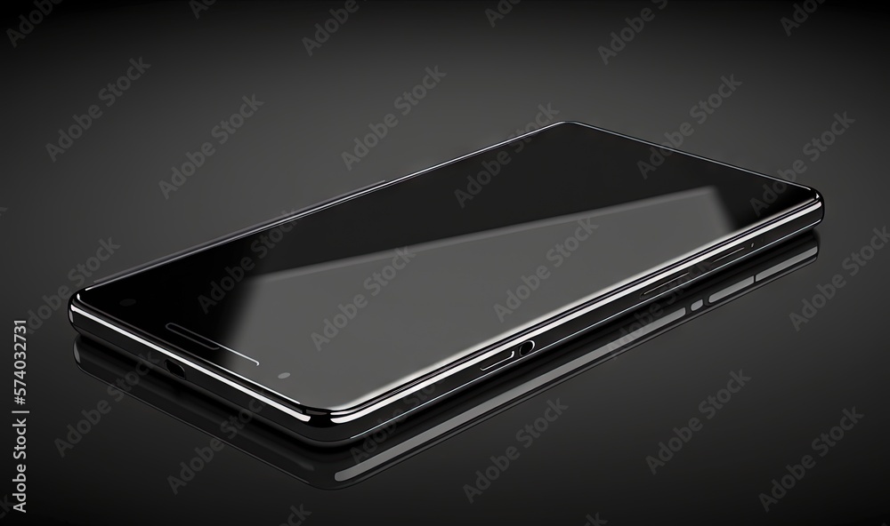  a close up of a cell phone on a black surface with a reflection of the phone in the glass back of t