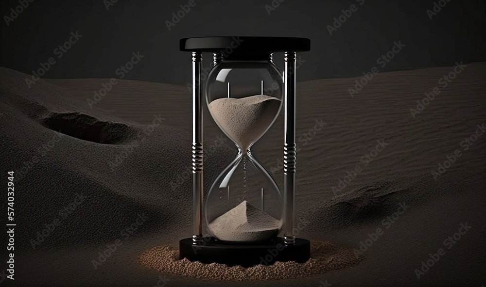  an hourglass in the middle of a desert with sand flowing through it and a dark background with a sa