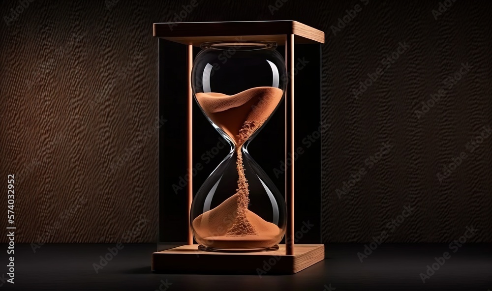  an hourglass with a sand flowing through the bottom of it and a wooden base with a black background