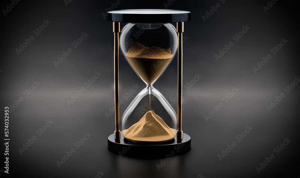  an hourglass with sand running through it on a black surface with a black background and a gold san