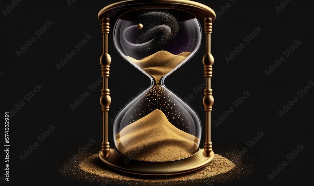  an hourglass with sand inside of it on a black background with a black sky in the background and a 