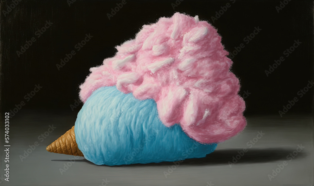  a painting of an ice cream cone with a pink and blue cone on its top, on a gray background, with a