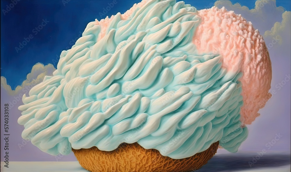  a painting of two ice cream cones with pink and blue icing on top of each of the cones, with a blue