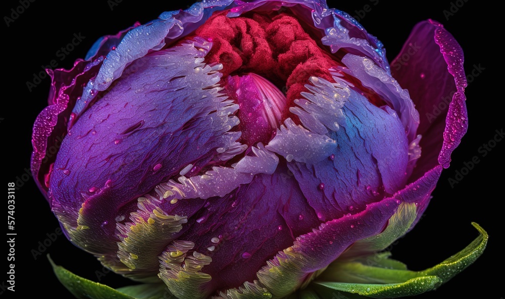  a purple and red flower with water droplets on its petals and a green stem in the foreground, with