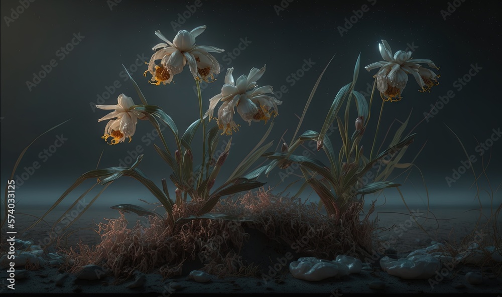  a bunch of flowers that are sitting in the dirt on the ground in the dark night time, with the ligh