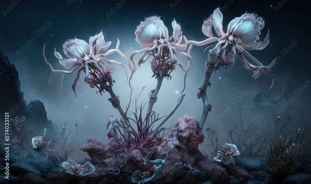  a group of flowers that are on a plant in the water with rocks and water plants in the water and a 