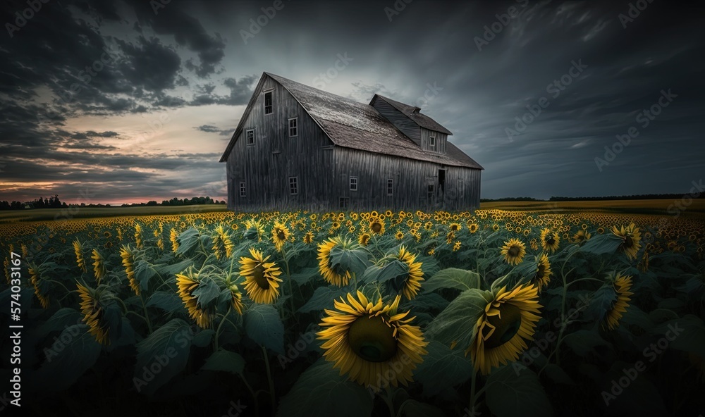  a barn in a field of sunflowers under a cloudy sky with a dark sky in the background and a sunflowe