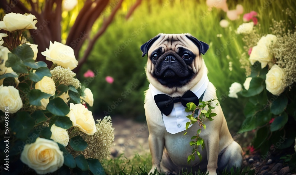  a pug dog wearing a tuxedo and bow tie sitting in a garden with roses and greenery in the foregroun