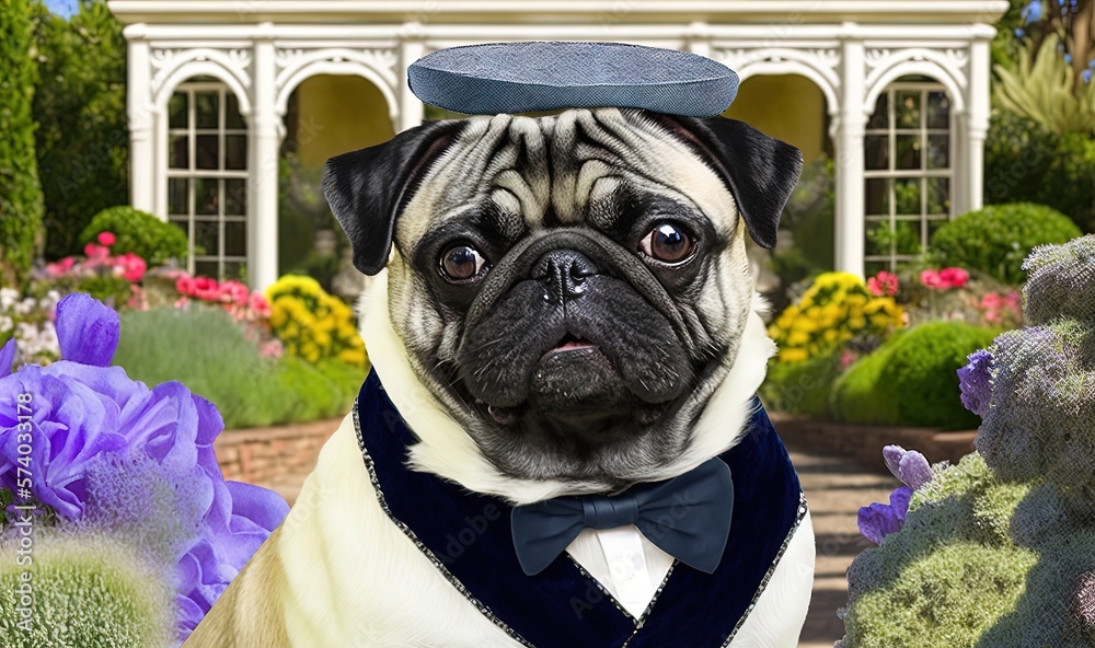  a pug dog wearing a sailors hat and bow tie standing in a garden with purple flowers and a gazebo 