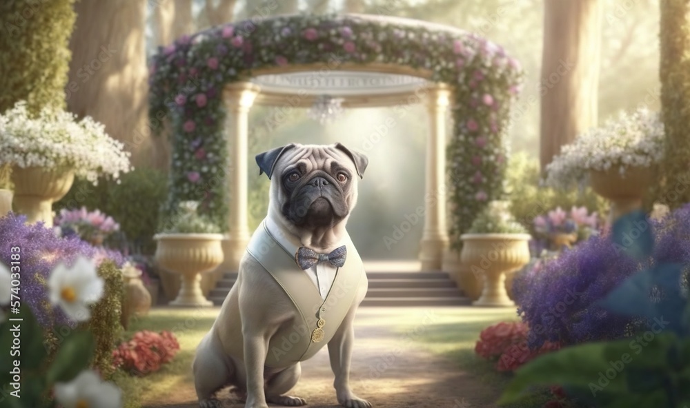  a pug dog dressed in a tuxedo and bow tie sitting in front of a garden with flowers and a gazebo in