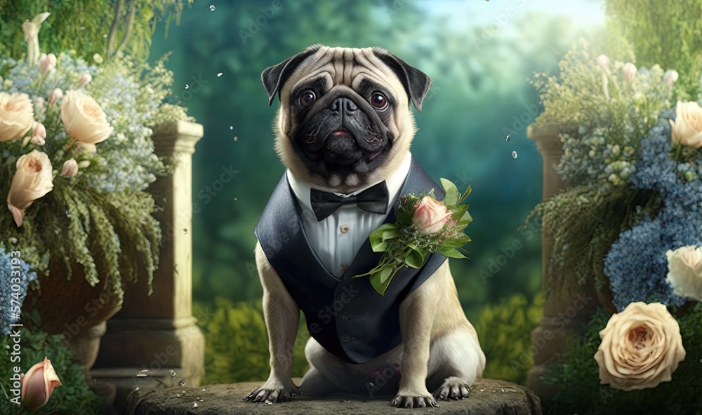  a pug dog dressed in a tuxedo and bow tie sitting on a stone bench in a garden with roses and green