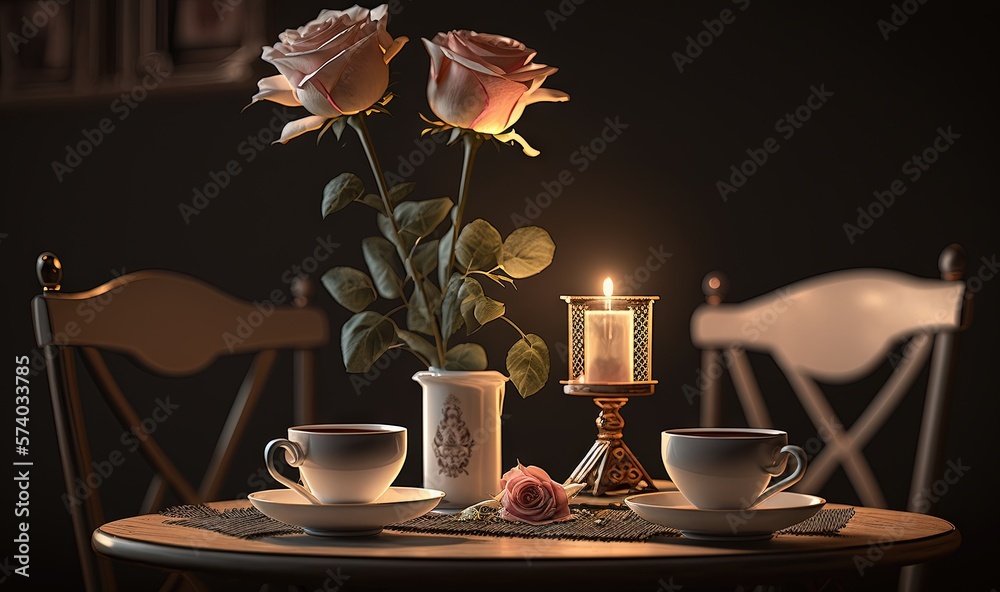  a table topped with two cups and a vase filled with roses next to a lit candle and a candle holder 