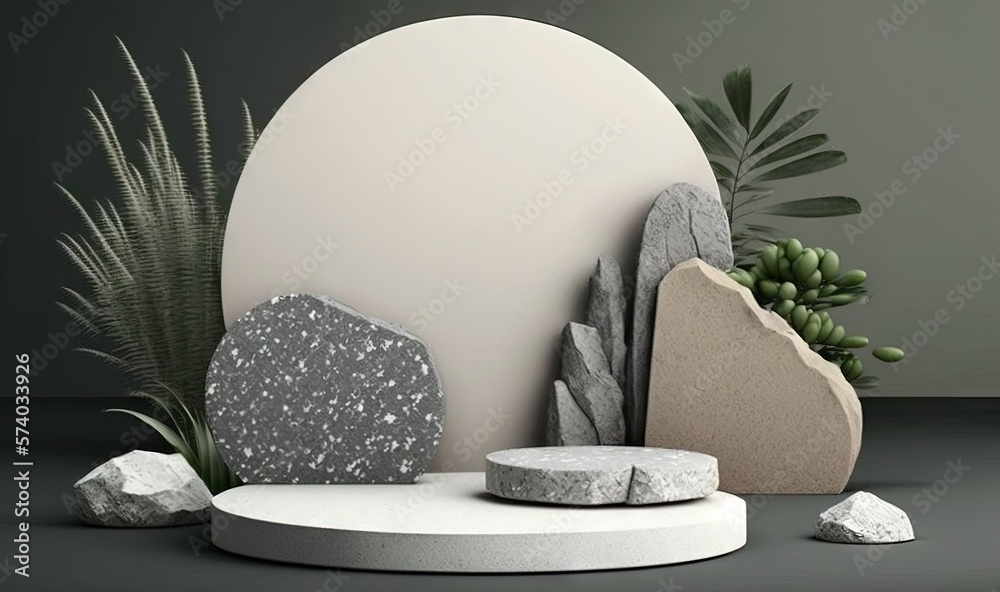  a group of rocks and a plant on a black surface with a white circle in the middle of the image and 