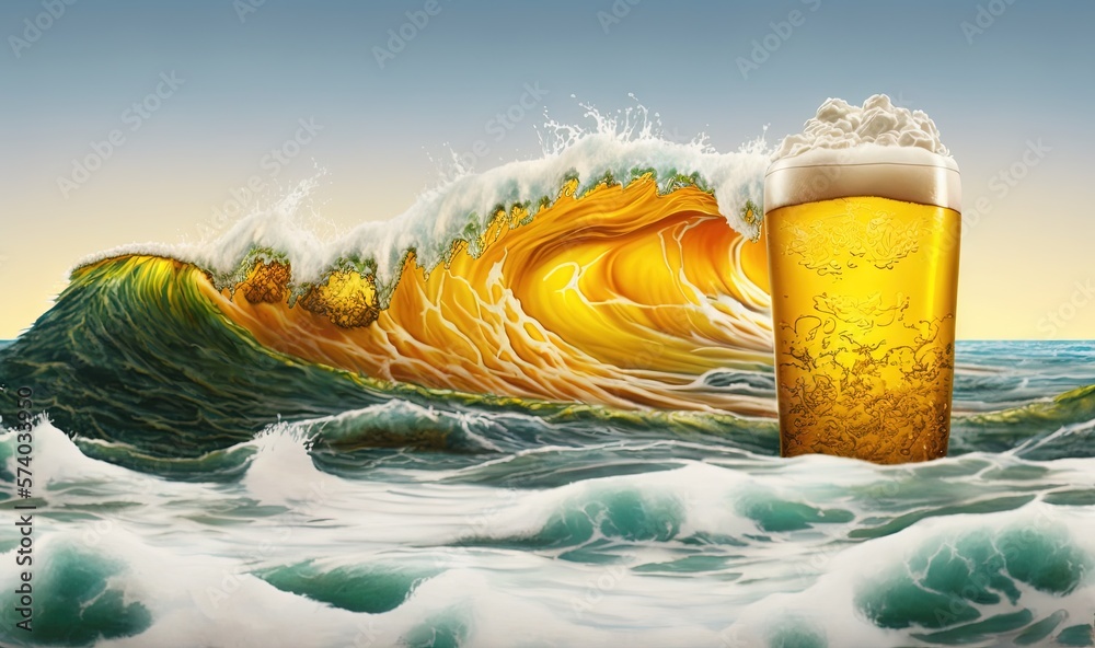  a painting of a beer in the middle of the ocean with a wave coming up from the bottom of the pictur