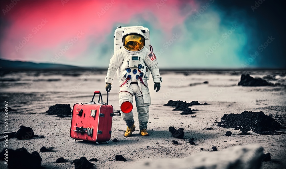  a man in an astronaut suit with a suitcase on a desert plain with rocks and lava in the background 