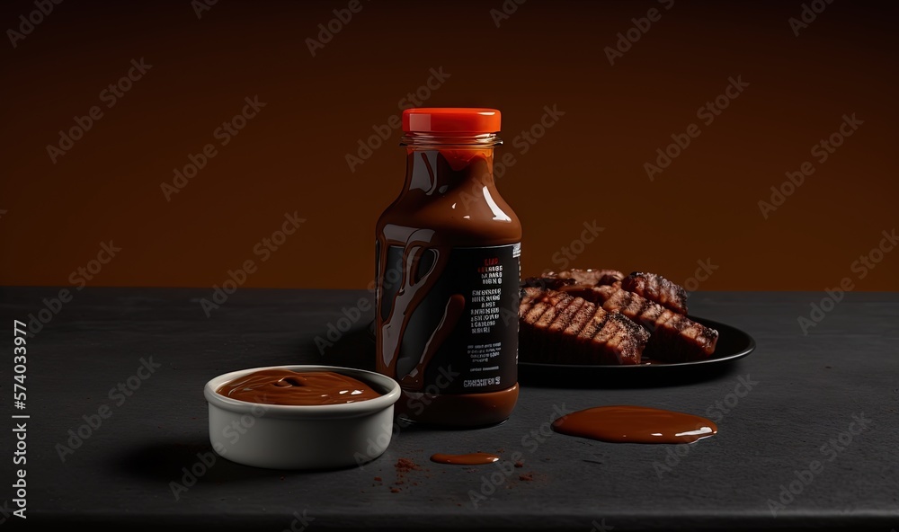  a bottle of sauce next to a plate of ribs and a bowl of sauce on a table with a plate of ribs and a