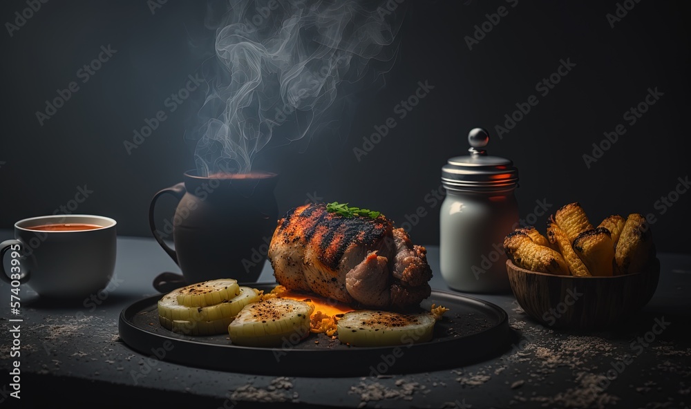  a plate of food and a cup of coffee on a table with smoke coming out of the top of the meat and pot