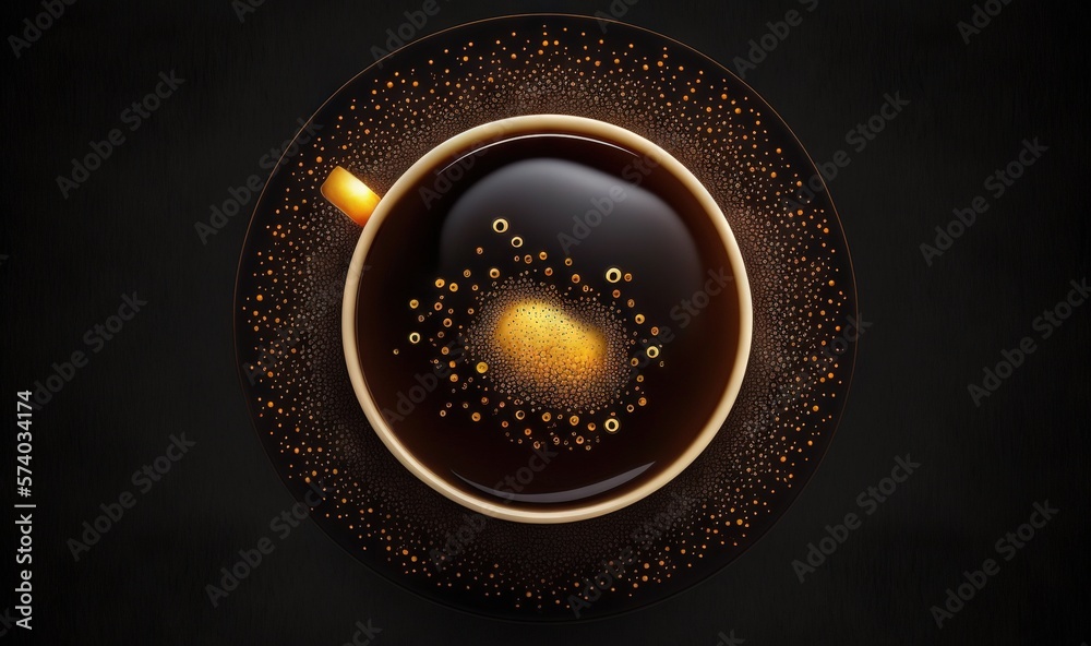  a cup of coffee on a saucer on a black background with bubbles and a yellow dot in the middle of th