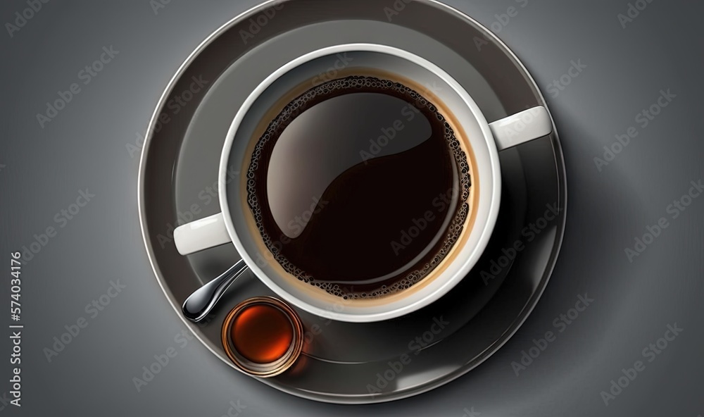  a cup of coffee with a spoon and saucer on a saucer on a gray background with a shadow of a saucer 