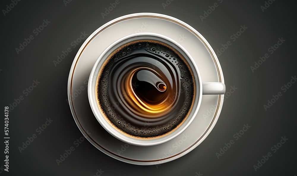  a cup of coffee with a saucer and spoon on a black background with a shadow in the middle of the cu