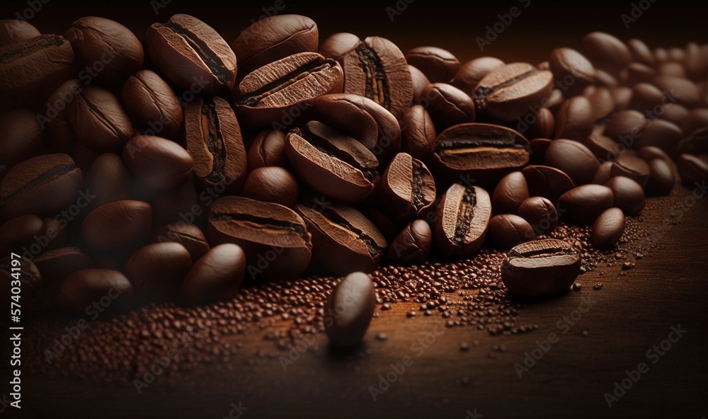  a pile of coffee beans sitting on top of a wooden table next to a pile of coffee beans on top of a 