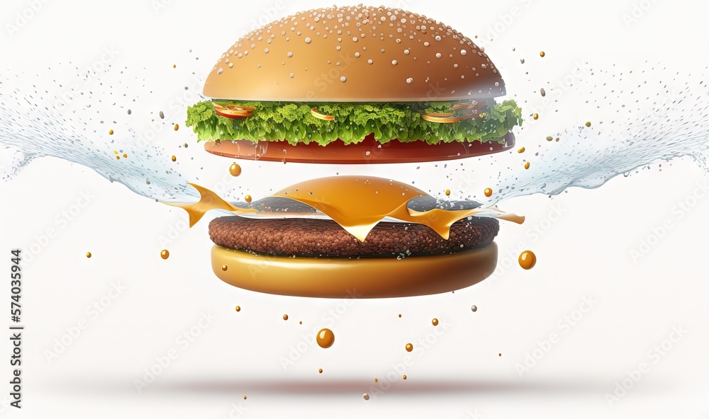  a hamburger with lettuce, tomato, and cheese falling into the air with water splashing around it an