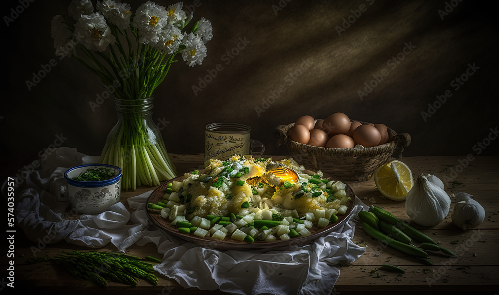  a plate of food on a table next to a basket of eggs and a vase of flowers and a bowl of eggs on a t