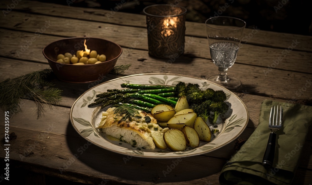  a plate of food on a table with a candle and a bowl of potatoes and broccoli and a glass of water o