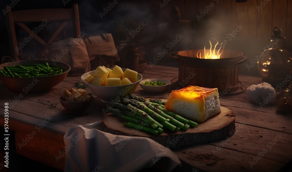  a wooden table topped with plates of food and a bowl of potatoes and asparagus next to a candle and