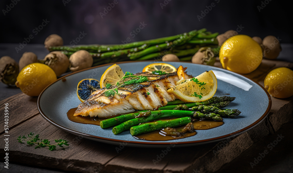  a plate of fish, asparagus, lemons, and asparagus on a wooden table with lemons and asparagus.  gen