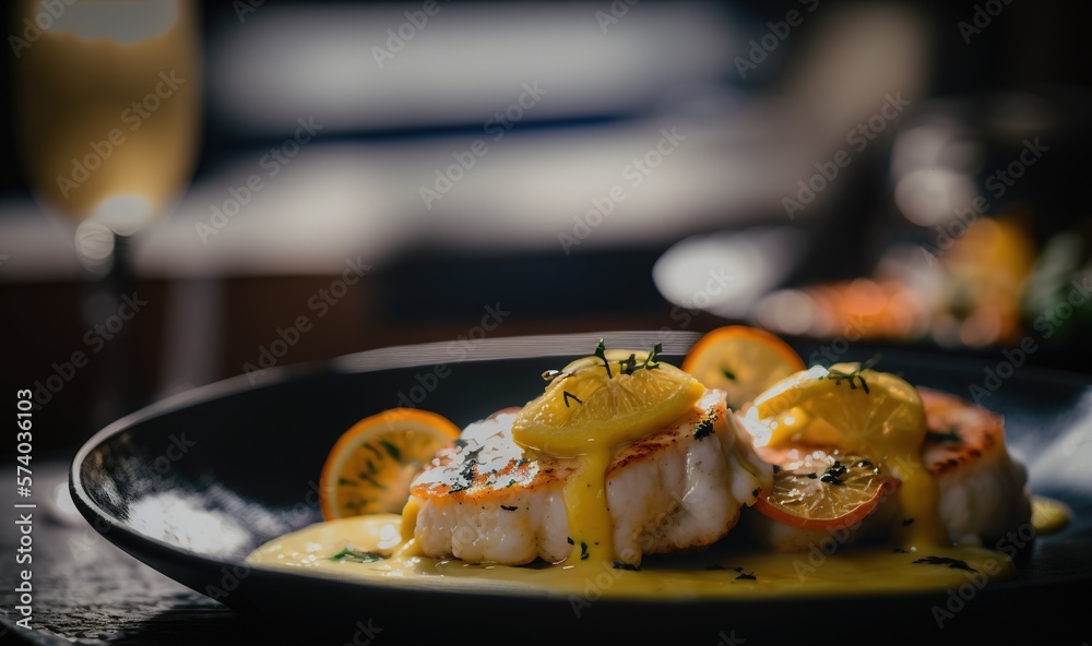  a plate of food with orange slices and sauce on it with a glass of wine in the backgrouf of the tab