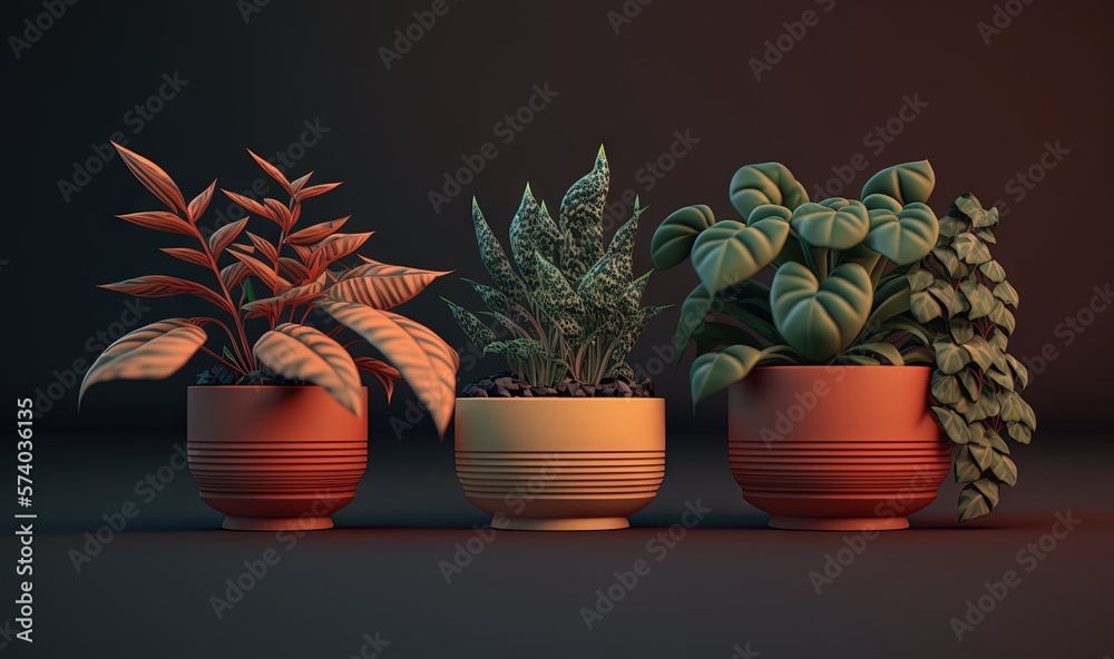  three potted plants in a row on a dark surface with a black background, with a dark background behi