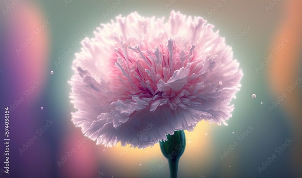  a pink flower with water droplets on its petals and a green stem in front of a blurry background w