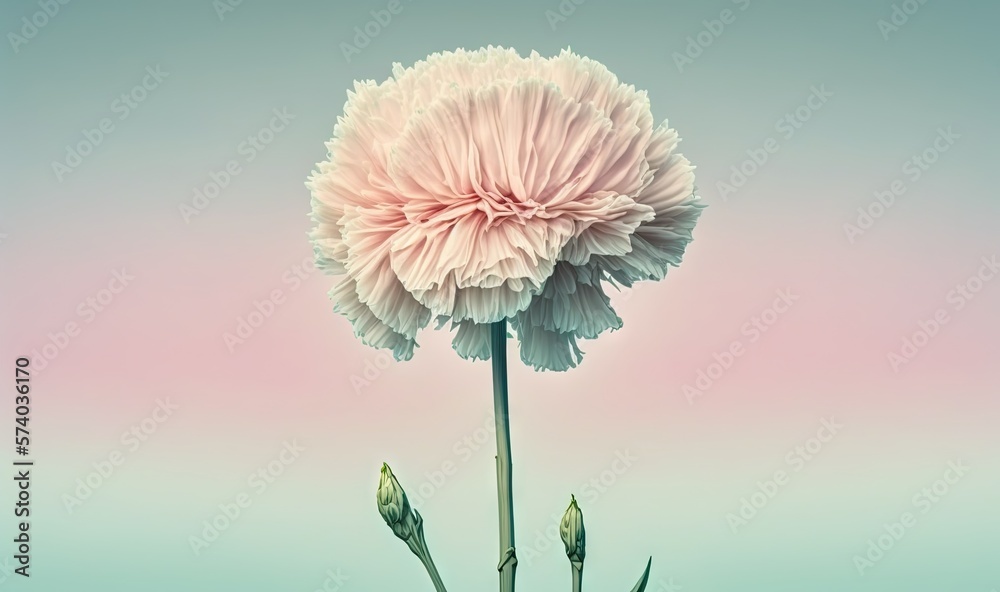  a large pink flower sitting on top of a green plant stem in front of a blue and pink sky with a few