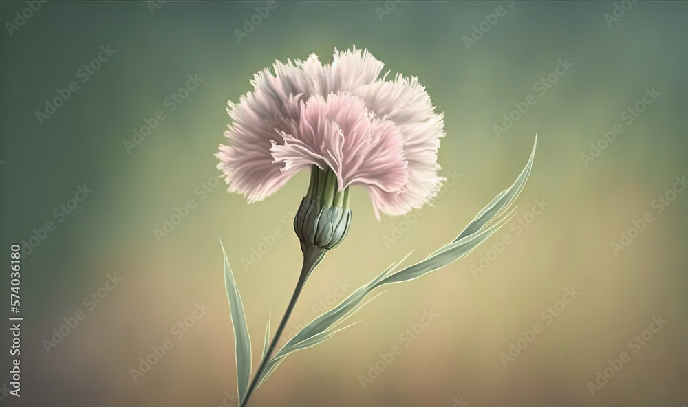  a painting of a pink flower on a green and beige background with a green stem and a green stem with