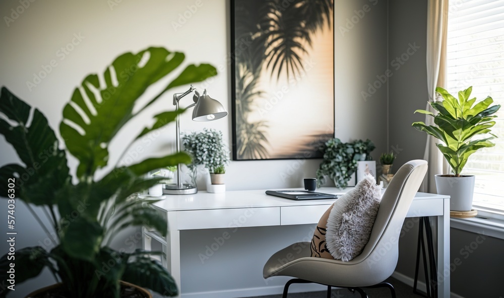  a white desk with a plant and a lamp on top of it next to a window with a picture of a palm tree on