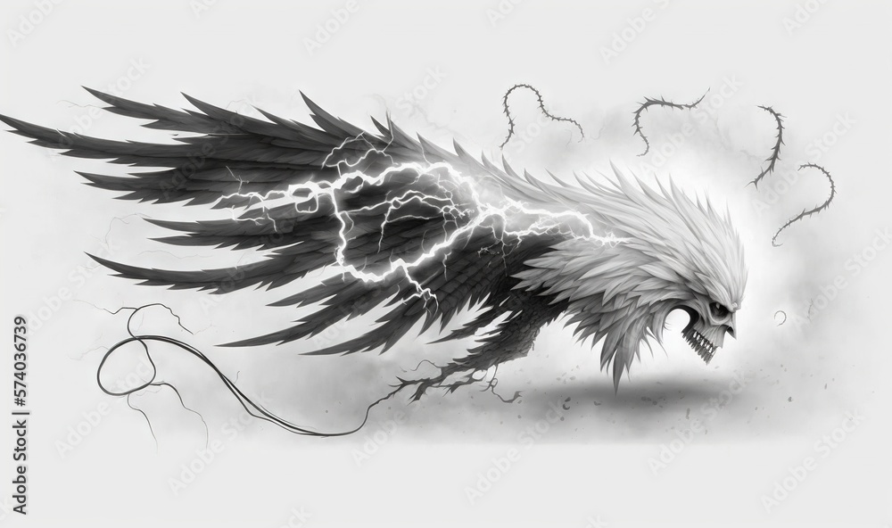  a black and white drawing of an eagle with lightning in the background and a cloud of smoke coming 