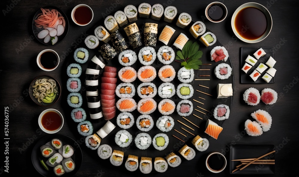  a plate of sushi with chopsticks and sauces on a black surface with chopsticks and sauces on the si